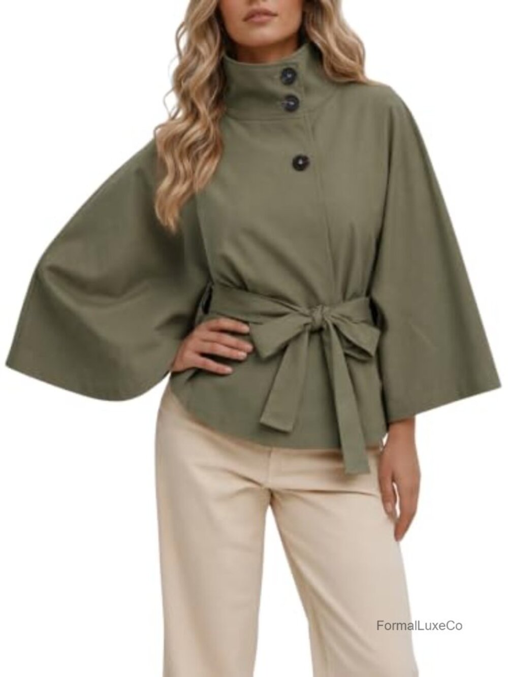 Cropped Trench Coat Cape Sleeve Stand Collar Belted Jacket